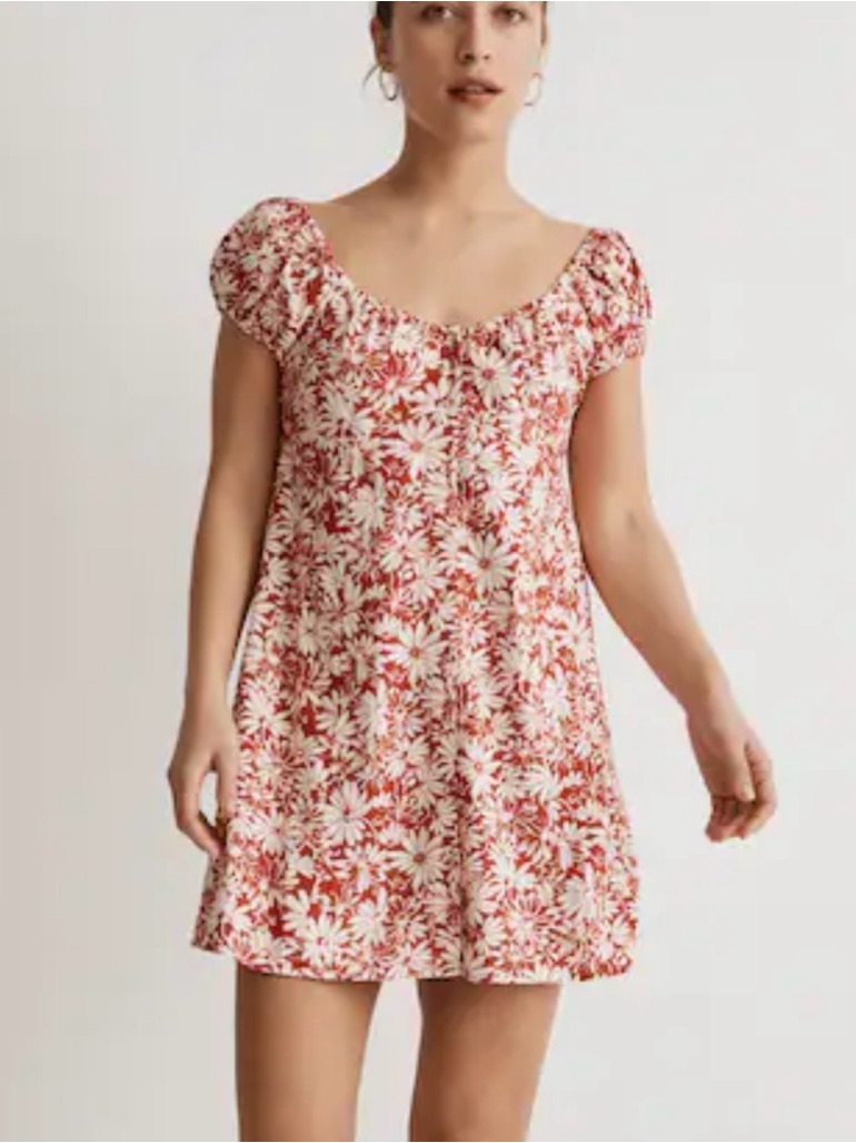 New Madewell Floral Linen Blend Cap Sleeve Mini Dress In Red And White. Nwot